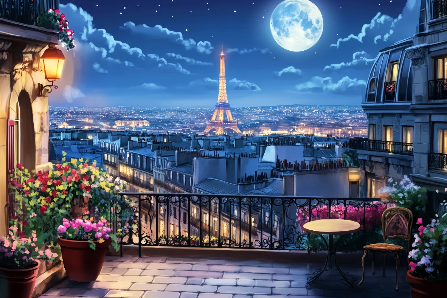 Night in Paris Backdrop Balcony Moonlight Eiffel Tower Paris Backdrop LXX59-59