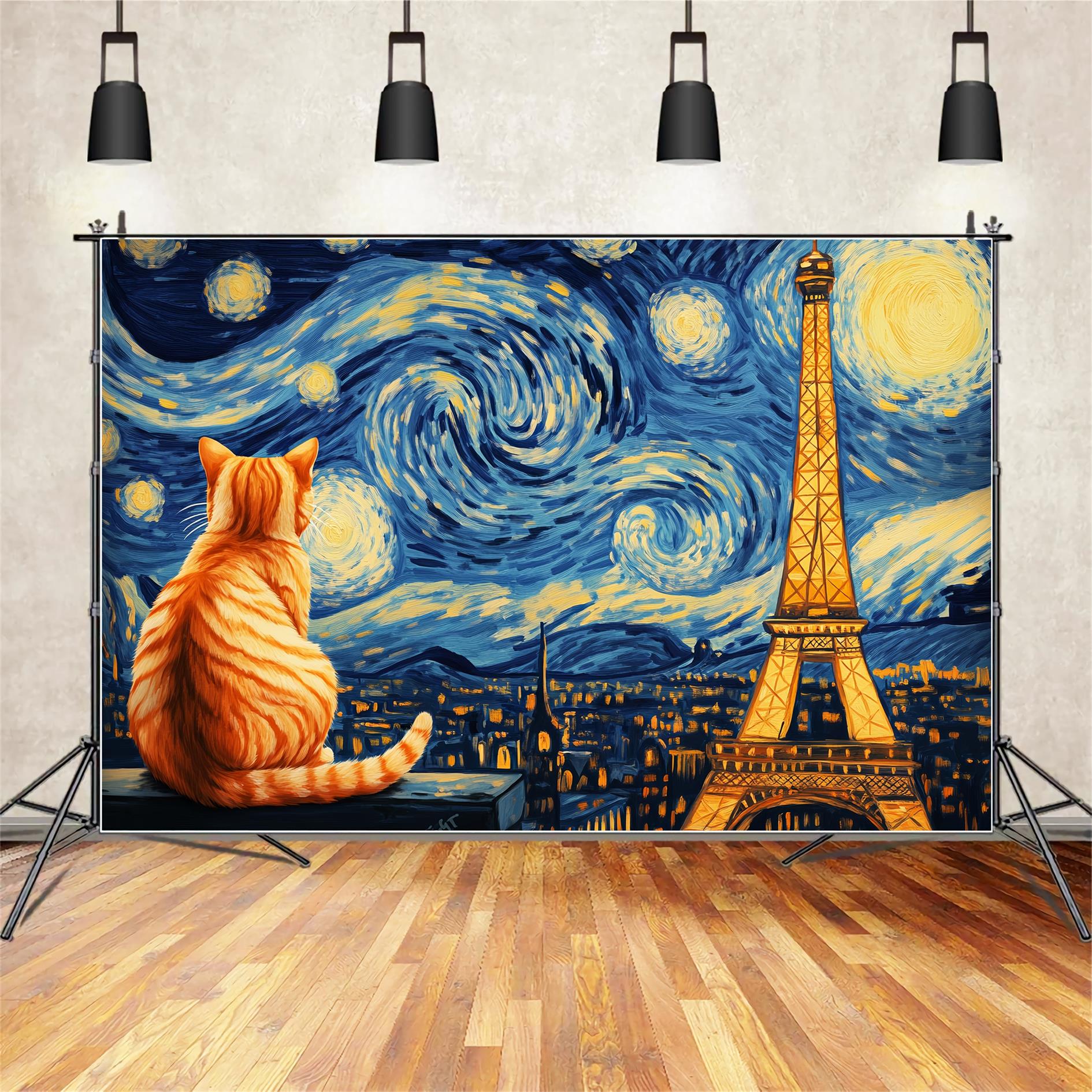 Paris Backdrop Starry Night Cat View Eiffel Tower Paris Backdrop LXX59-61