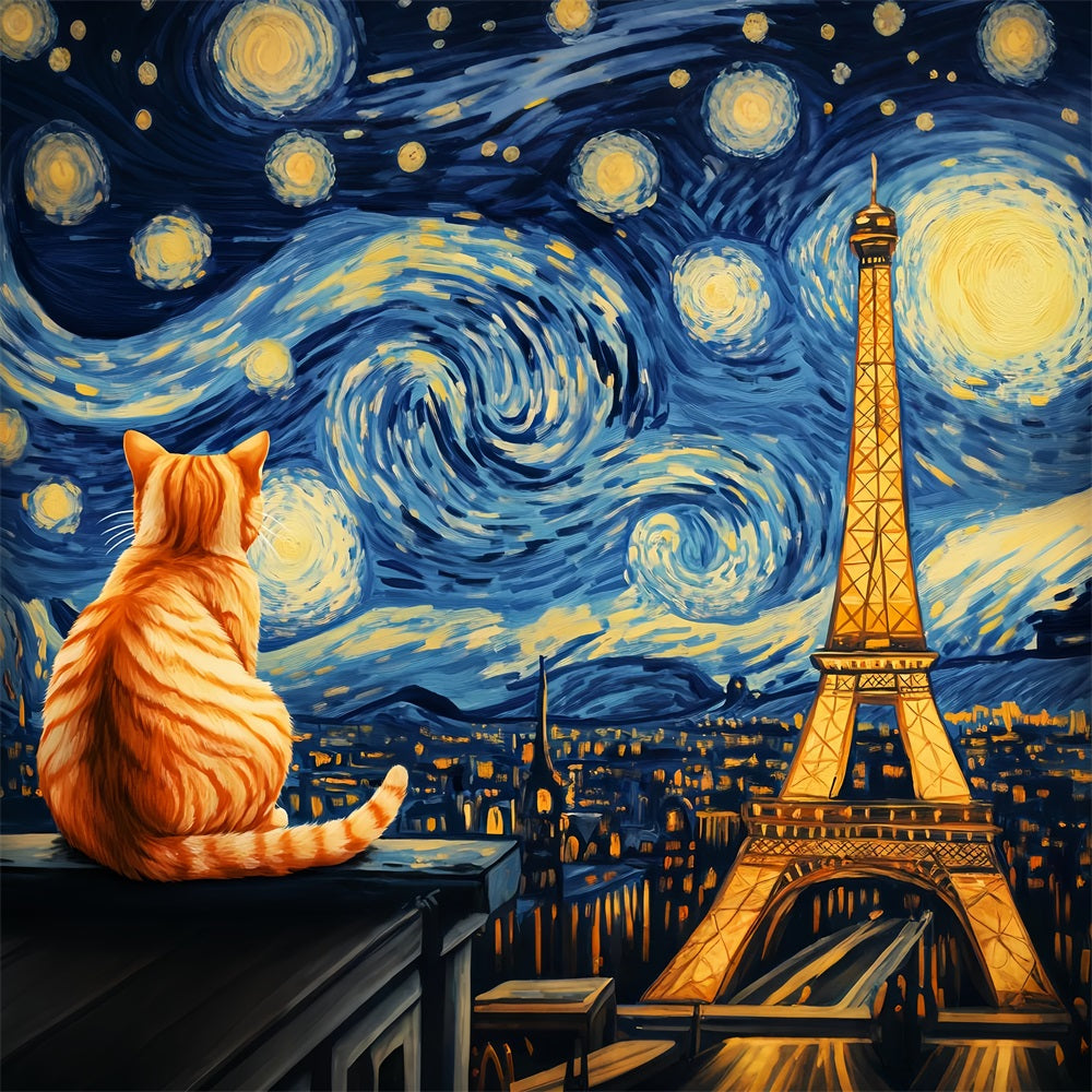 Paris Backdrop Starry Night Cat View Eiffel Tower Paris Backdrop LXX59-61