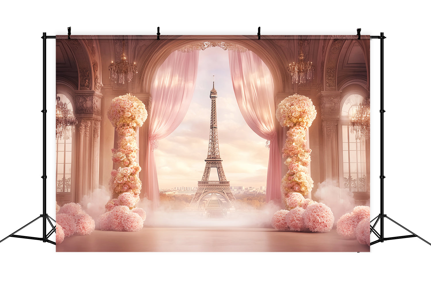 A Night in Paris Backdrop Ballroom Floral Drapes Eiffel Tower Paris Backdrop LXX59-64