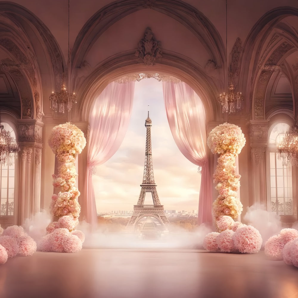 A Night in Paris Backdrop Ballroom Floral Drapes Eiffel Tower Paris Backdrop LXX59-64