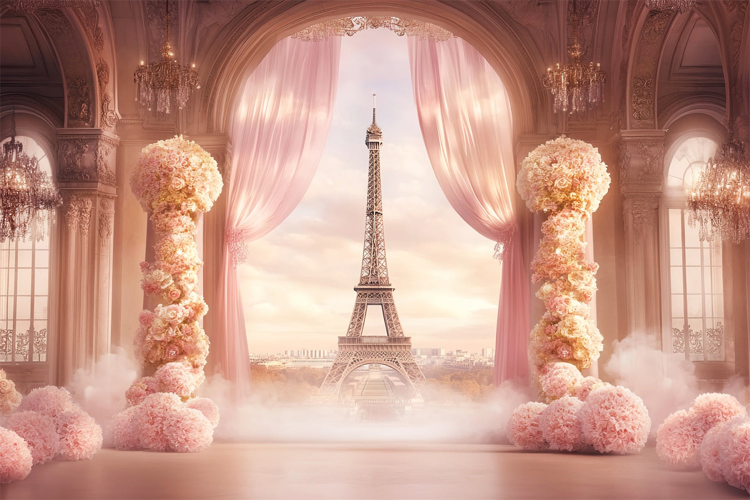 A Night in Paris Backdrop Ballroom Floral Drapes Eiffel Tower Paris Backdrop LXX59-64