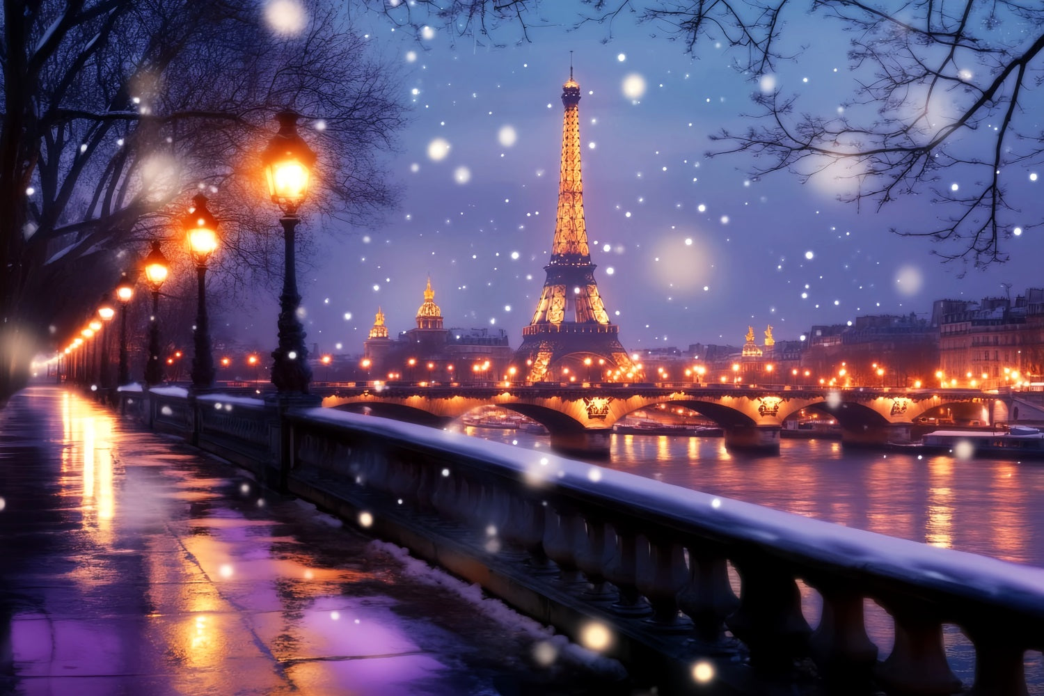 A Night in Paris Backdrop Eiffel Tower Winter Glow Paris Backdrops LXX59-65