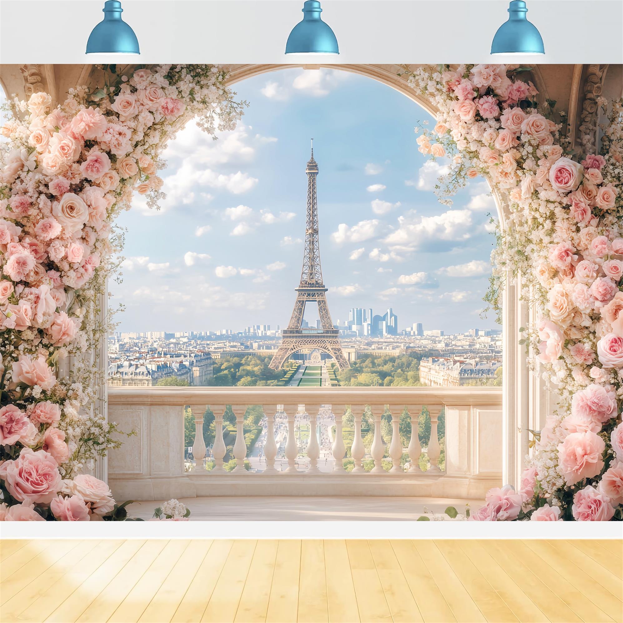 Paris Backdrops Romantic Floral Balcony View Eiffel Tower Paris Backdrop LXX59-66