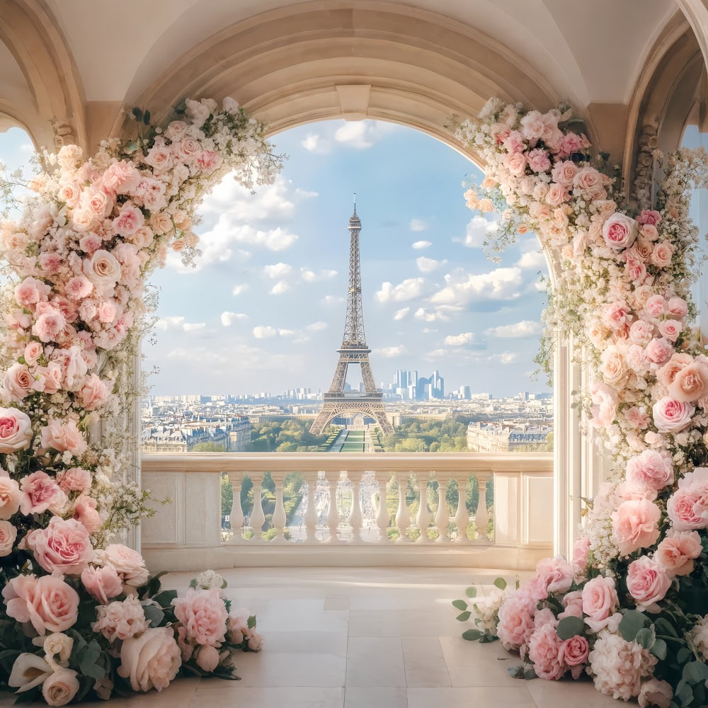 Paris Backdrops Romantic Floral Balcony View Eiffel Tower Paris Backdrop LXX59-66