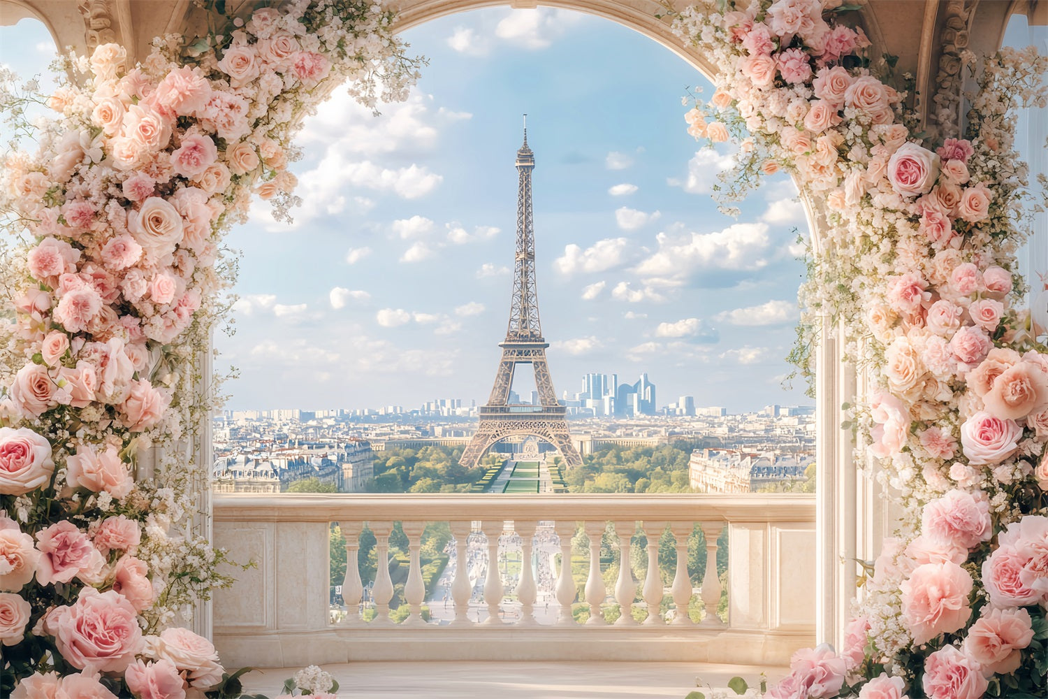 Paris Backdrops Romantic Floral Balcony View Eiffel Tower Paris Backdrop LXX59-66