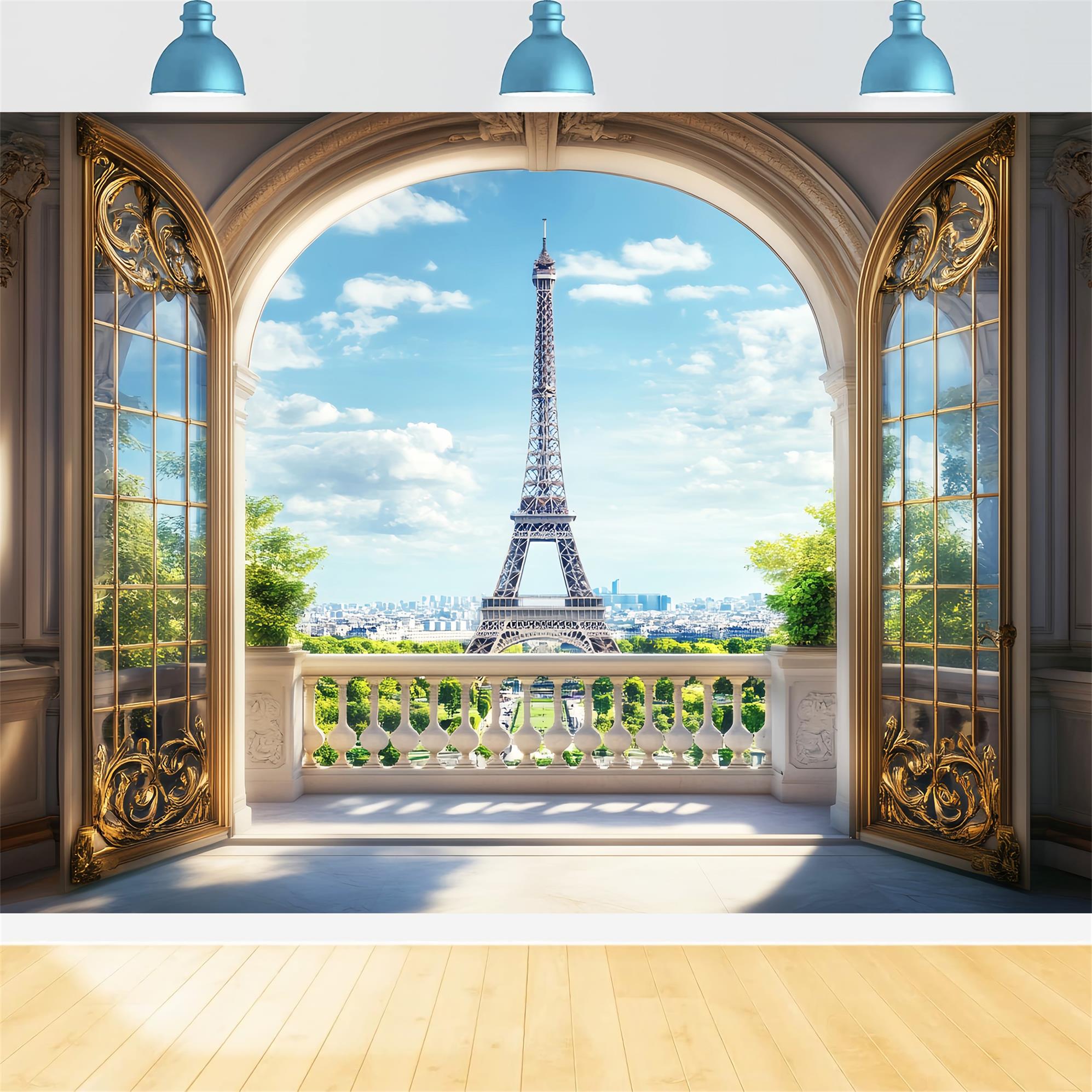 Paris Backdrops Golden Archway Eiffel View Paris Backdrop for Pictures LXX59-70