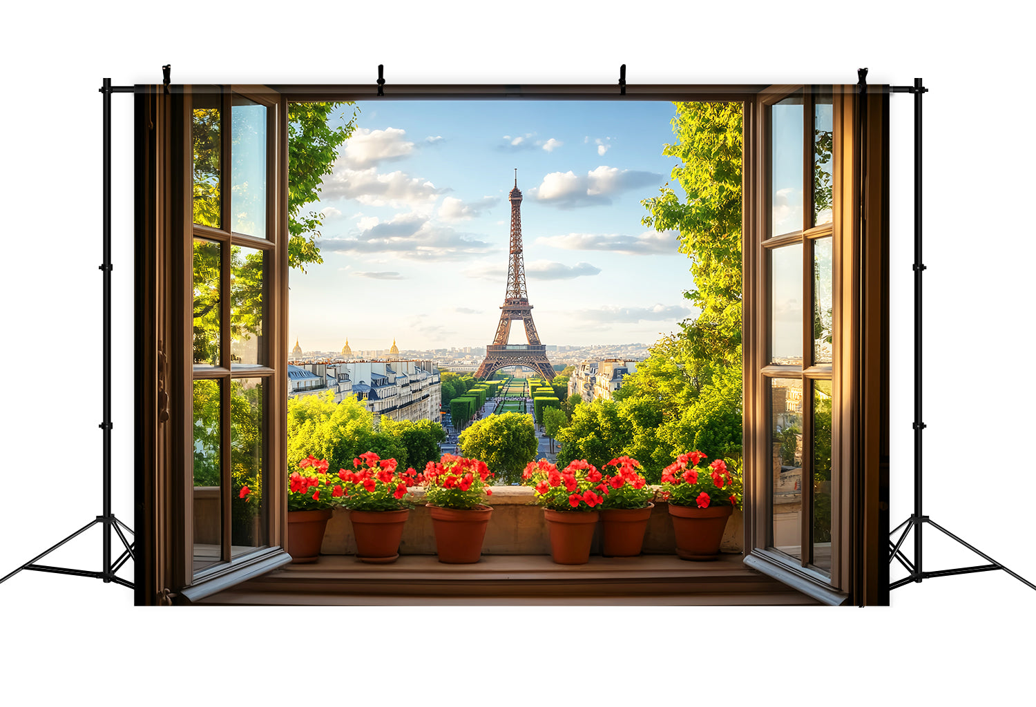 Paris Backdrops Window View Red Flowers Eiffel Paris Backdrop Ideas LXX59-71