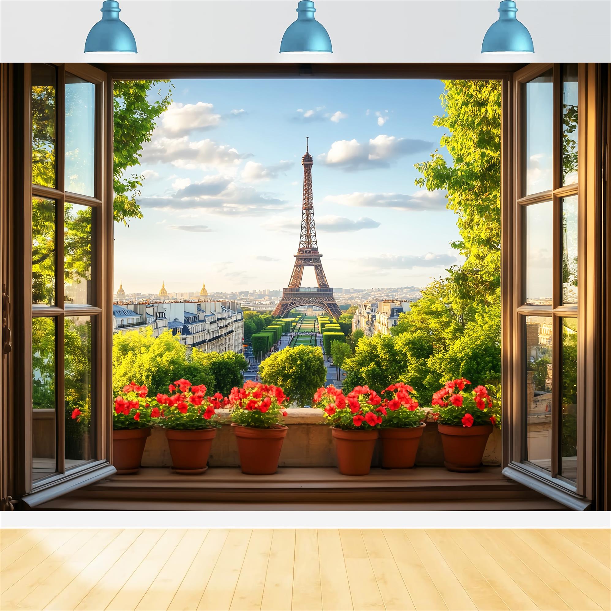 Paris Backdrops Window View Red Flowers Eiffel Paris Backdrop Ideas LXX59-71