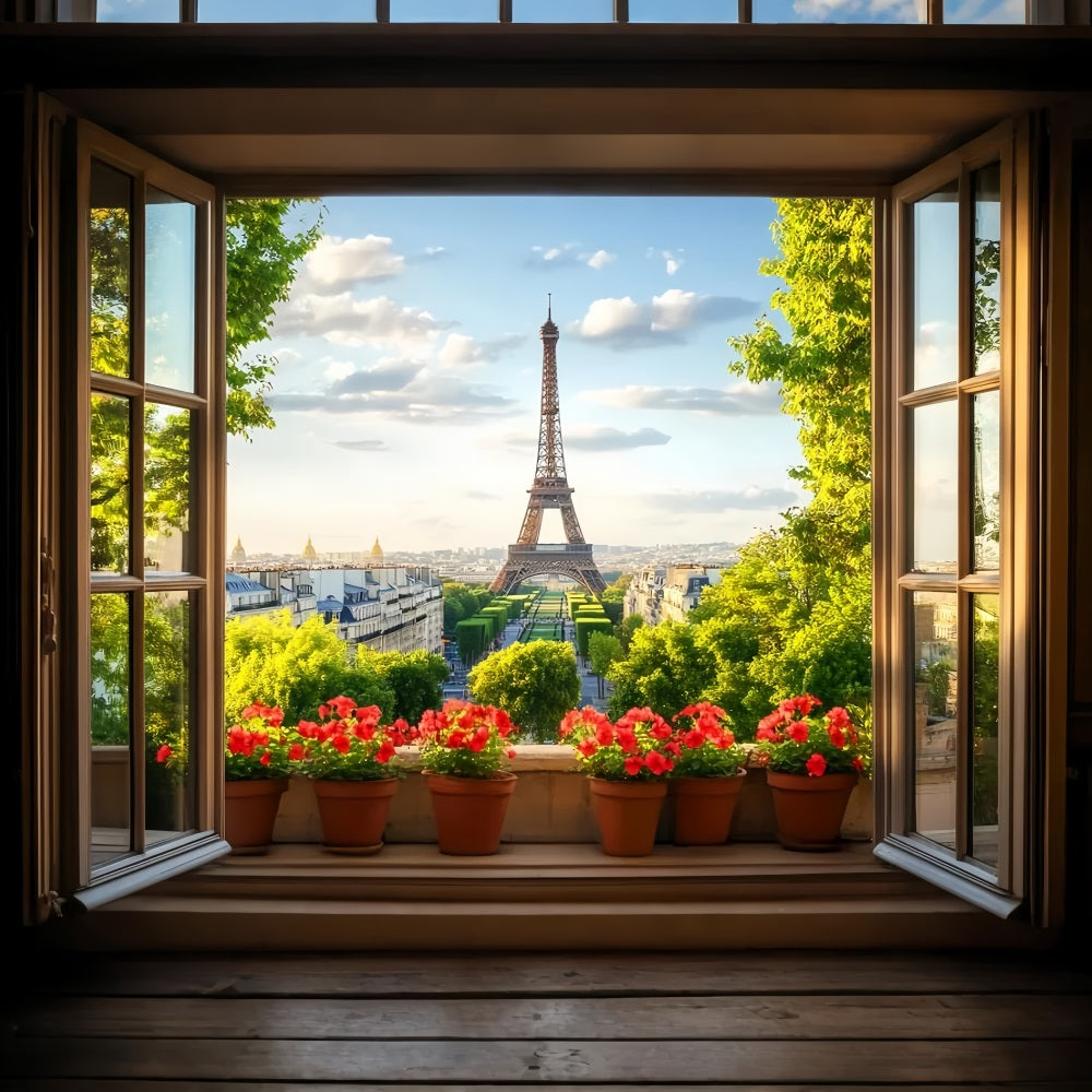 Paris Backdrops Window View Red Flowers Eiffel Paris Backdrop Ideas LXX59-71
