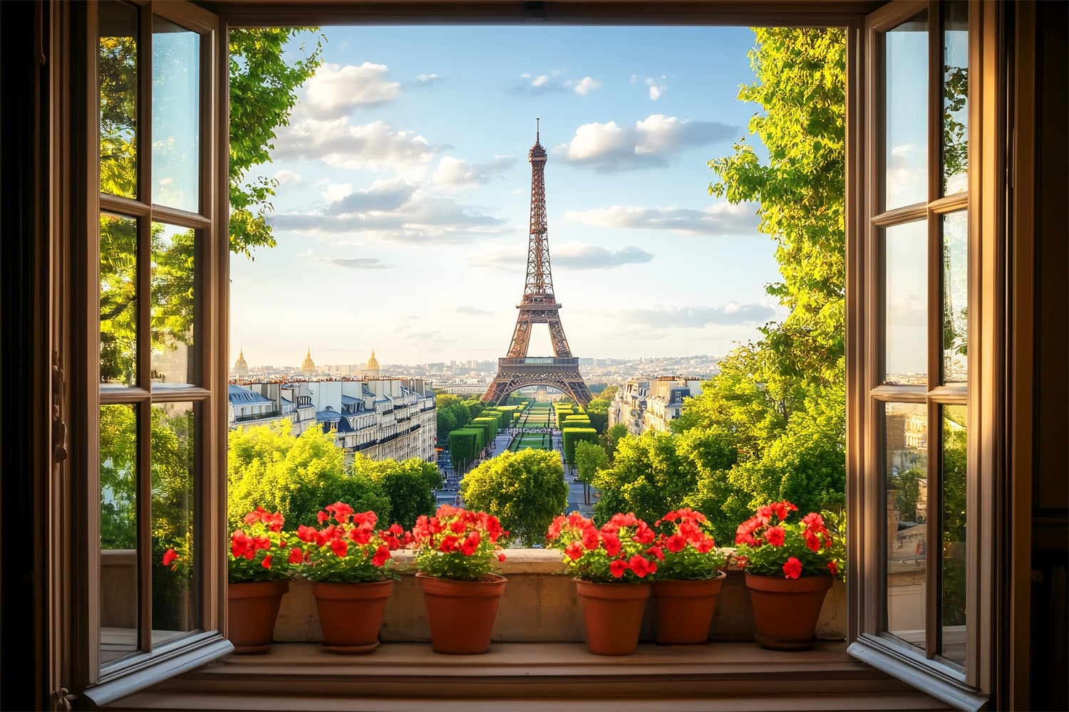 Paris Backdrops Window View Red Flowers Eiffel Paris Backdrop Ideas LXX59-71
