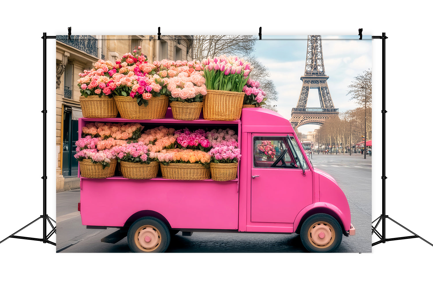 Paris Backdrops Pink Flower Truck Eiffel Tower Paris Backdrop LXX59-73