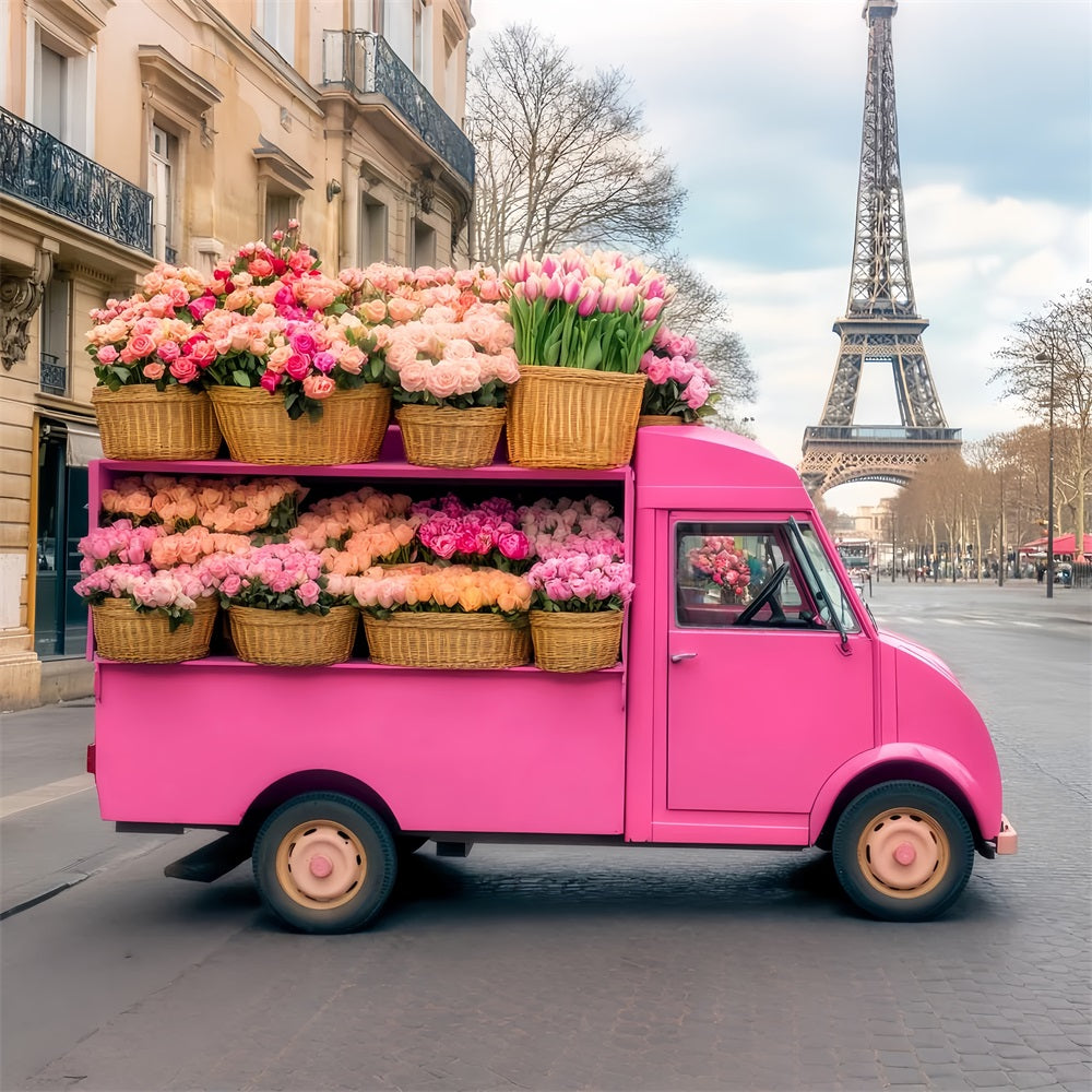 Paris Backdrops Pink Flower Truck Eiffel Tower Paris Backdrop LXX59-73