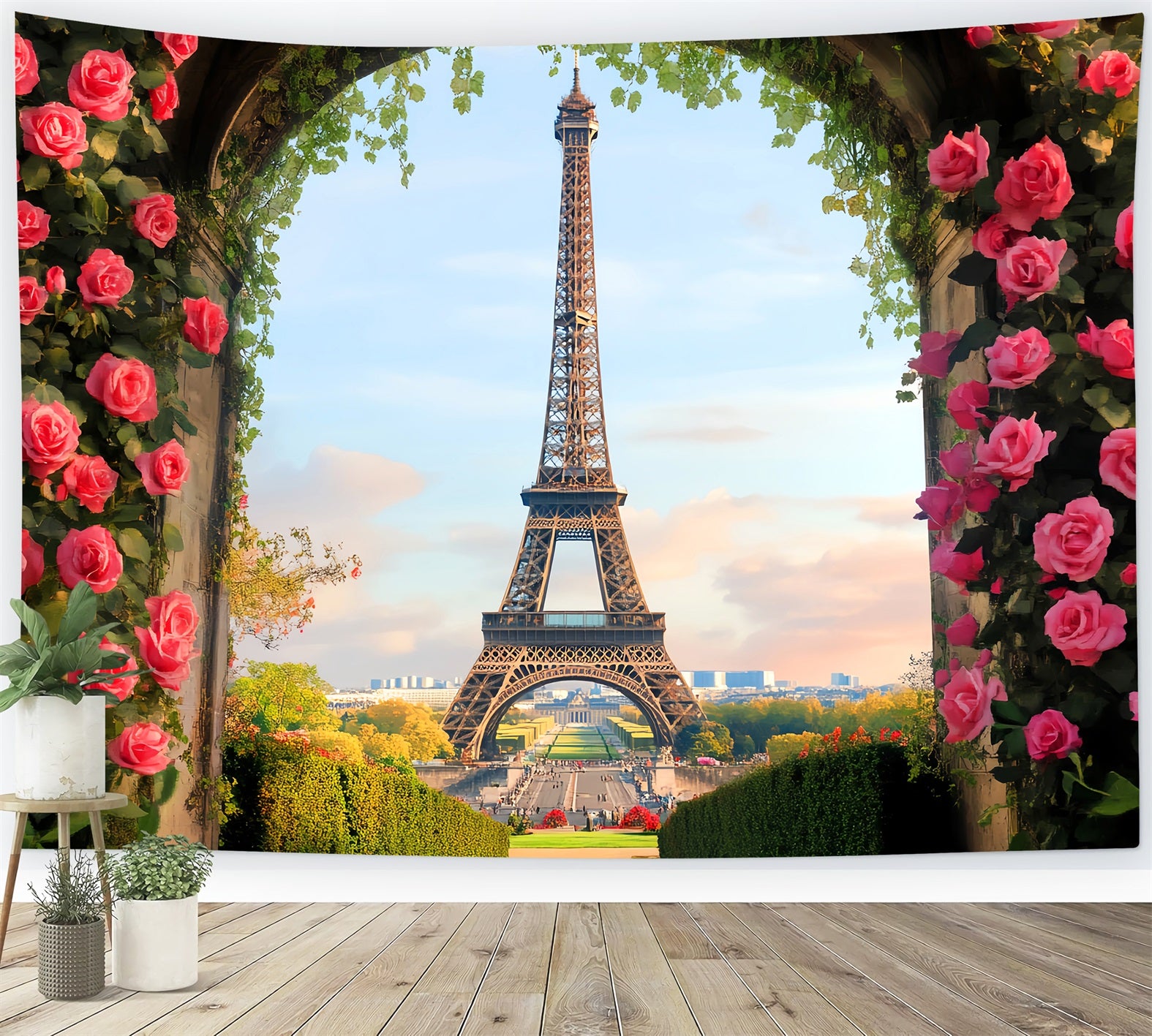 Eiffel Tower Backdrop Blooming Rose Arch Eiffel Paris Backdrop LXX59-77