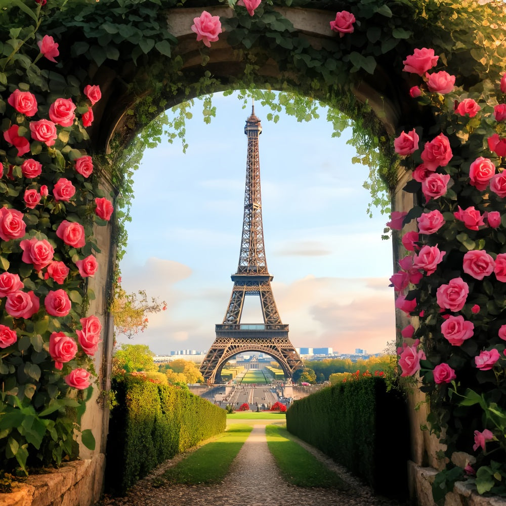 Eiffel Tower Backdrop Blooming Rose Arch Eiffel Paris Backdrop LXX59-77