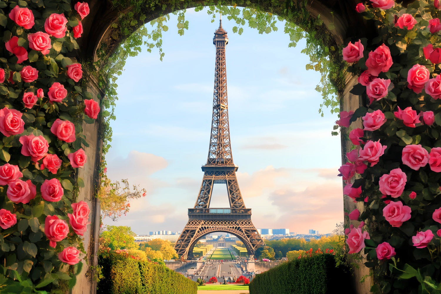 Eiffel Tower Backdrop Blooming Rose Arch Eiffel Paris Backdrop LXX59-77