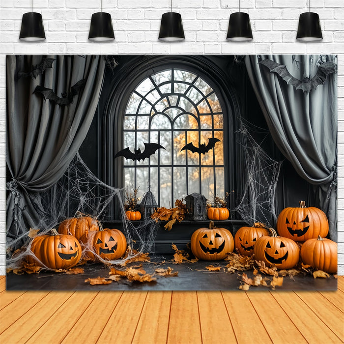 Halloween Spider Backdrop Pumpkin Bats Cobweb Window Halloween Backdro