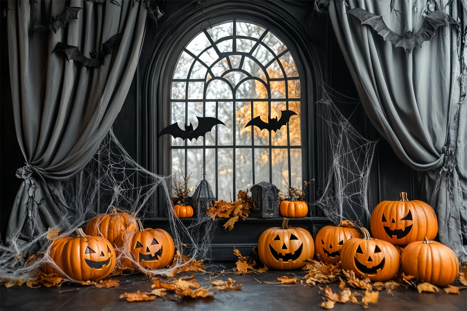 Halloween Spider Backdrop Pumpkin Bats Cobweb Window Halloween Backdro