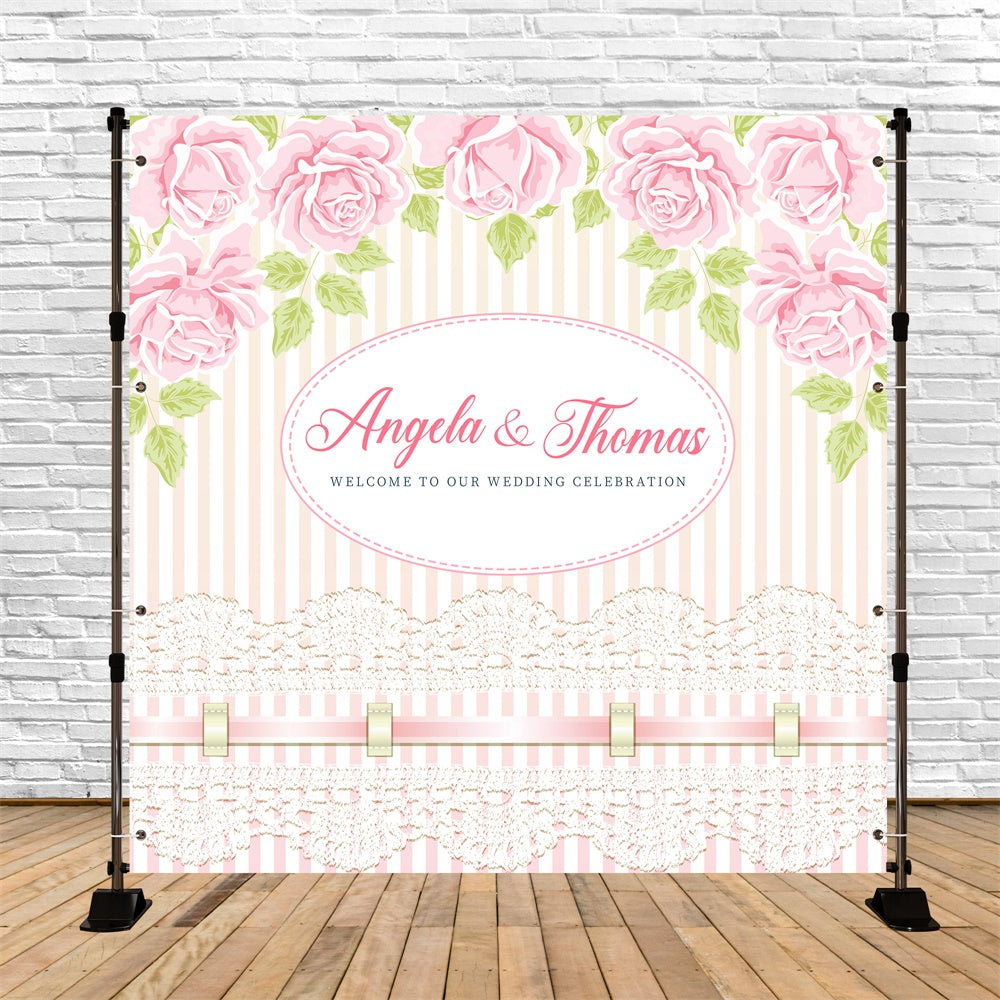 Personalized Backdrop For Wedding Lace Stripes Rose Backdrop LXX6-136