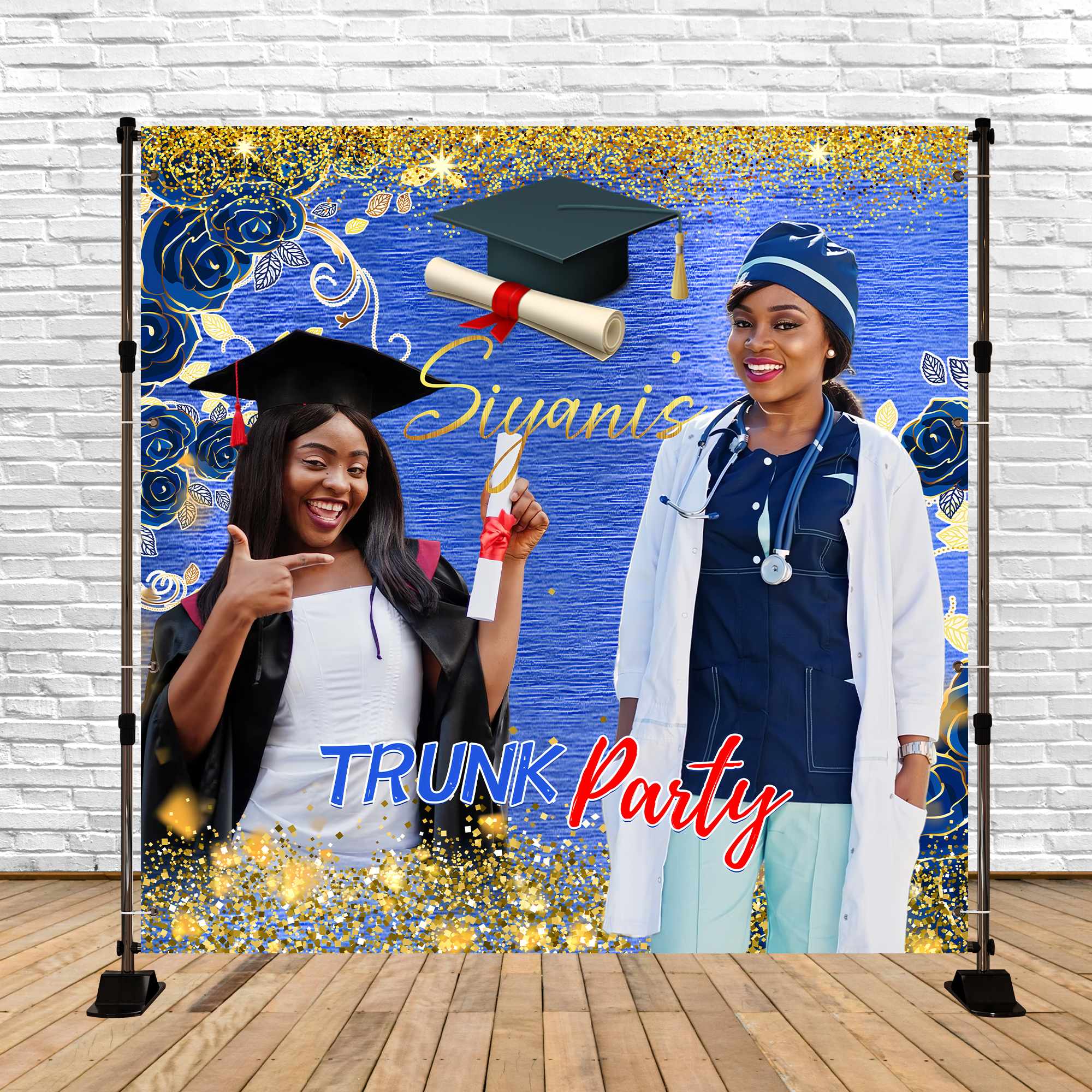 Custom Graduation Backdrops Blue Rose Sparkle Party Graduation Backdrop LXX6-158