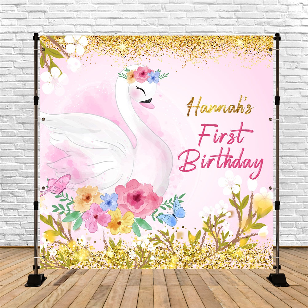 1st Birthday Backdrop Elegant Swan Floral Personalized Backdrop LXX6-66