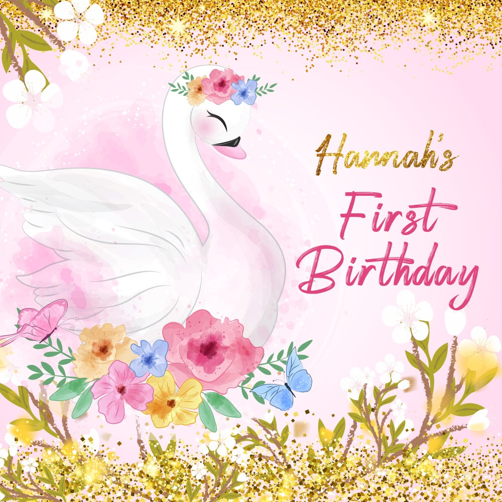 1st Birthday Backdrop Elegant Swan Floral Personalized Backdrop LXX6-66