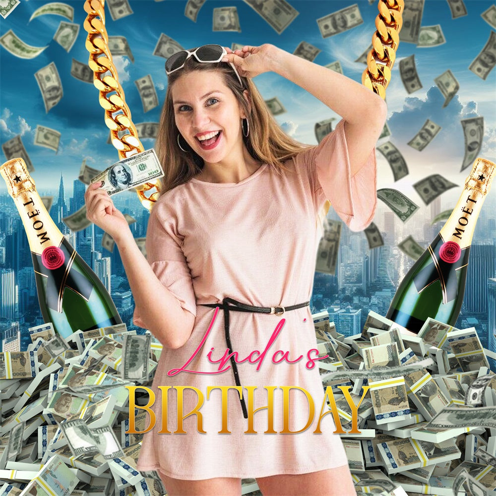 Customized Backdrop For Birthday Cash Champagne Dreams Backdrop LXX6-75