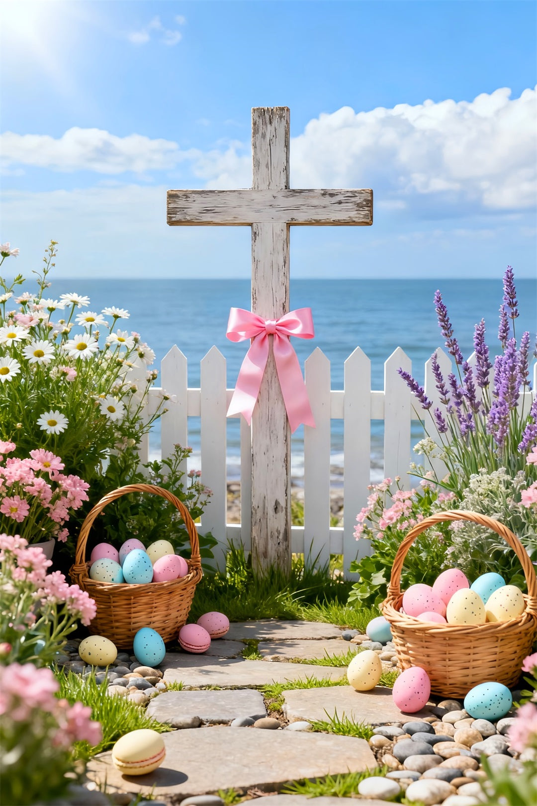 Cross Backdrop Wildflower Bouquet Egg Basket Easter Backdrop Photography LXX61-100