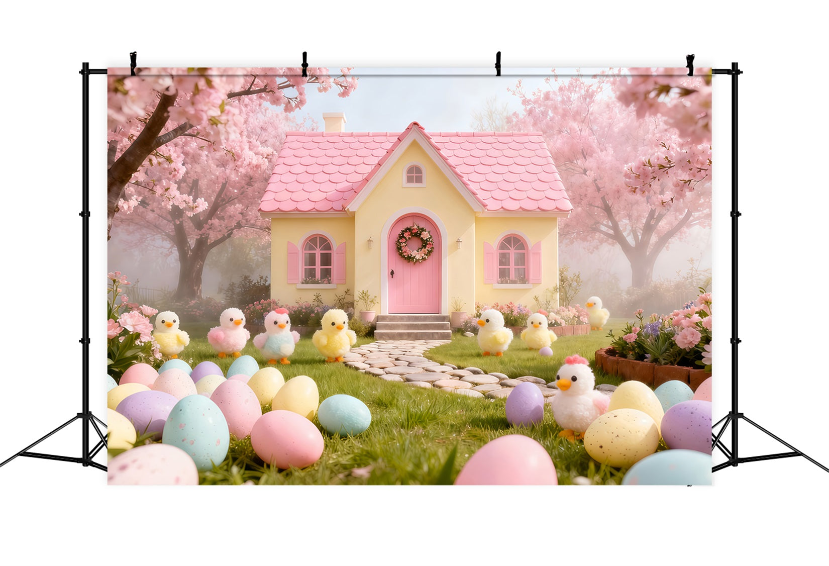 Marshmallow Chick Backdrop Cherry Blossom Cottage Garden Easter Photo Backdrop Ideas LXX61-104