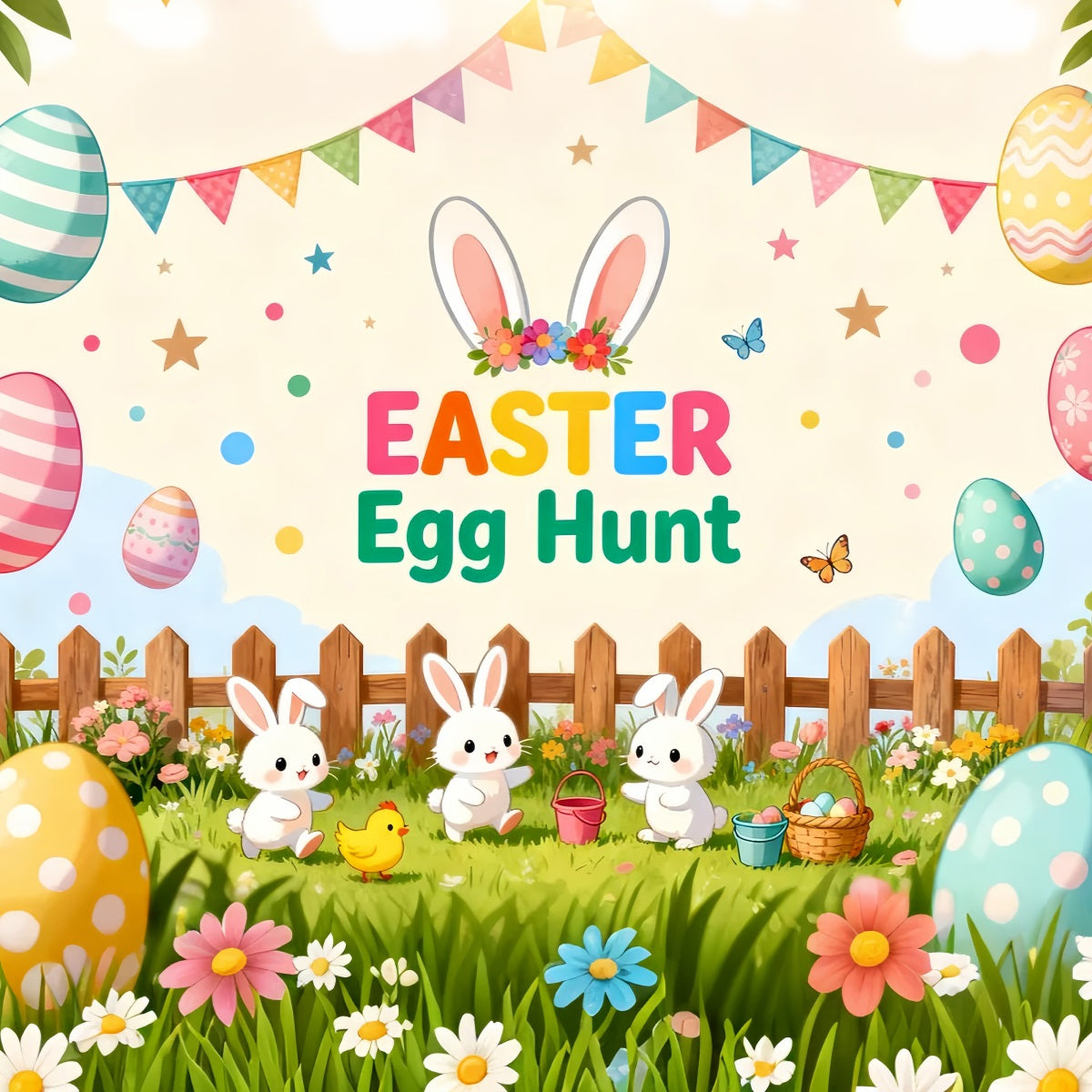 Egg Hunt Backdrop Playful Bunny Chicks Yard Easter Backdrop For Pictures LXX61-106