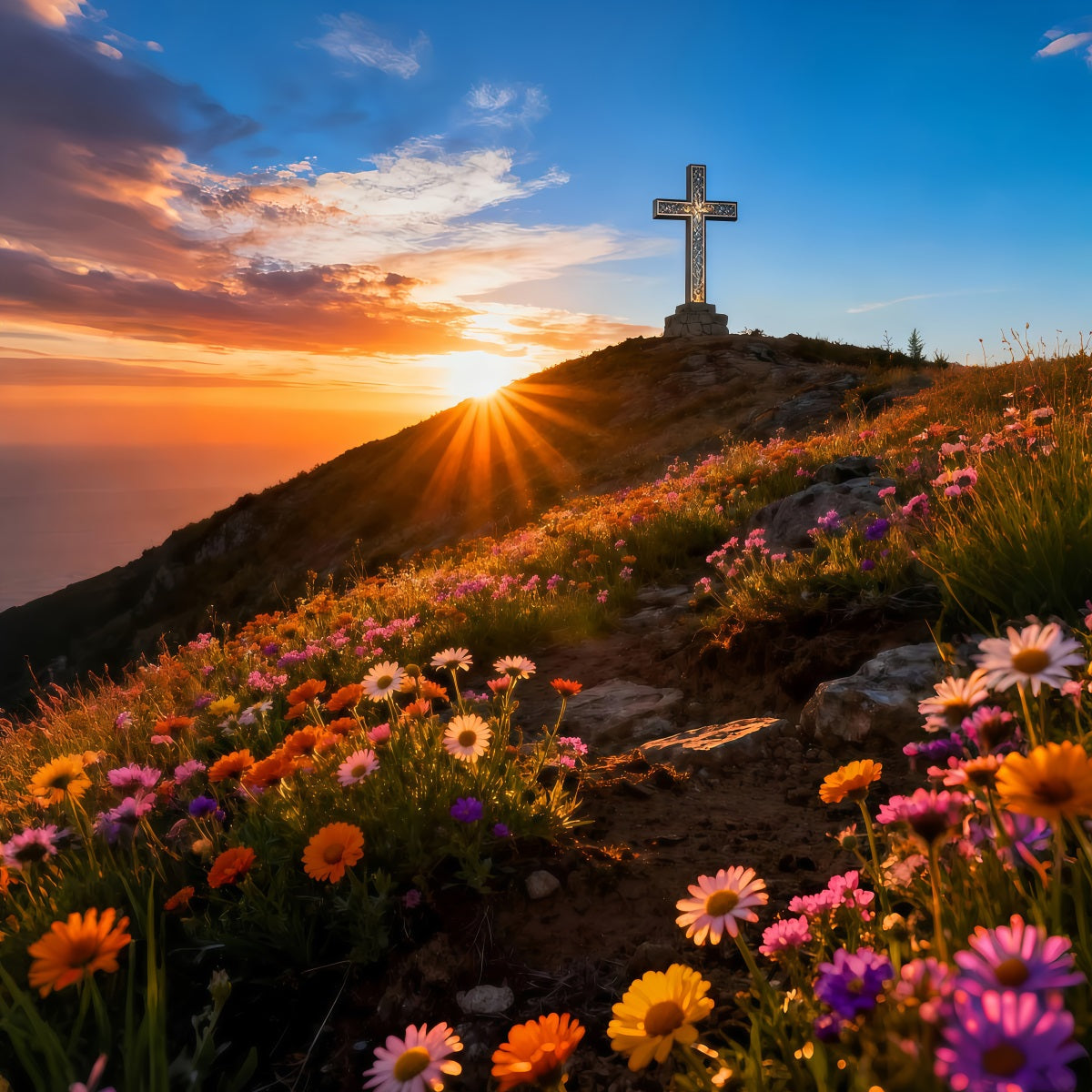 Cross And Lilies Backdrop Hilltop Sunrise Wildflowers Happy Easter Backdrop LXX61-107