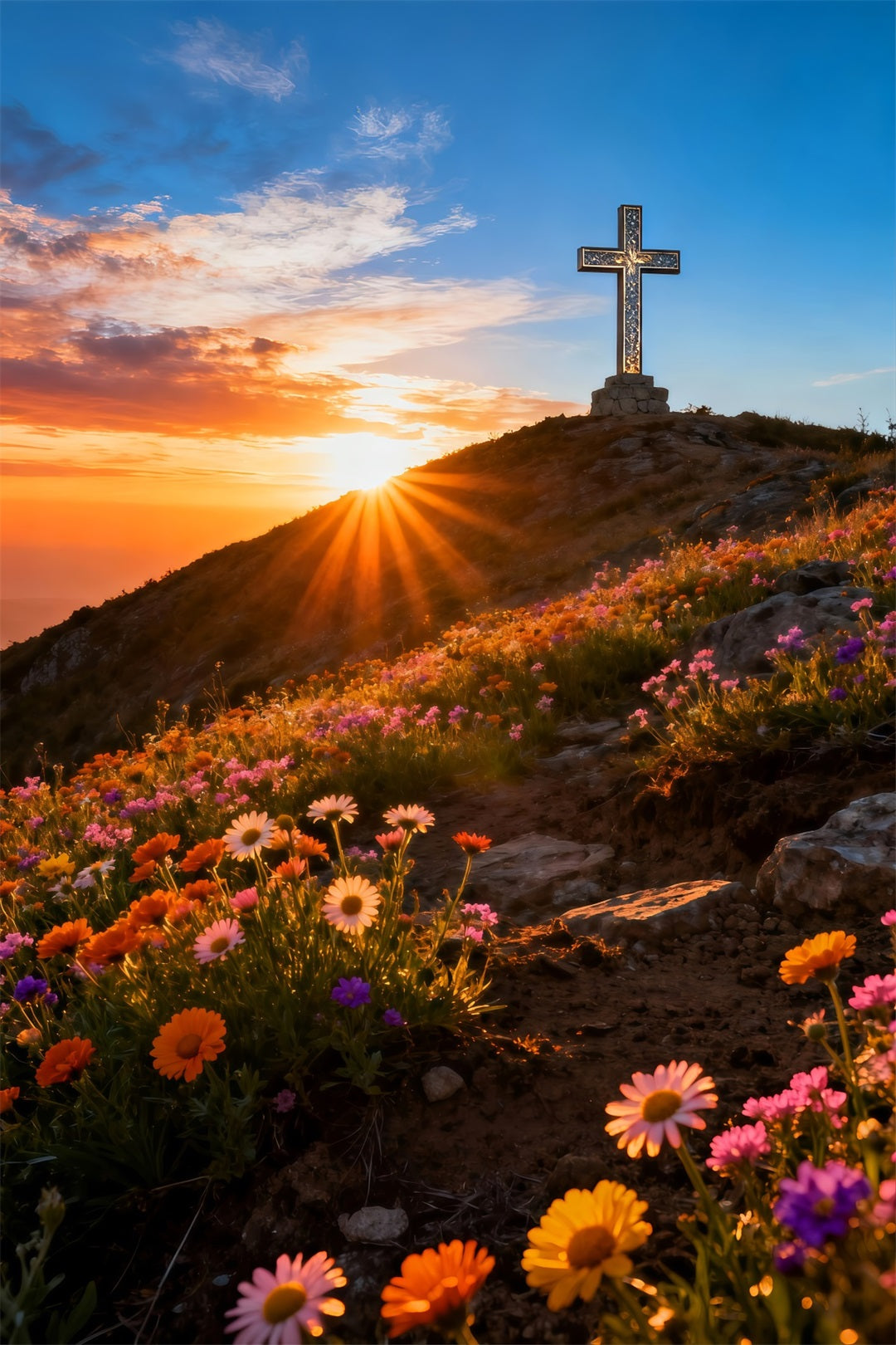 Cross And Lilies Backdrop Hilltop Sunrise Wildflowers Happy Easter Backdrop LXX61-107