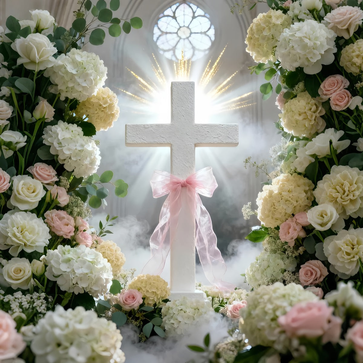 Cross And Lilies Backdrop Church Window Pink Ribbon Flowers Happy Easter Backdrop LXX61-108