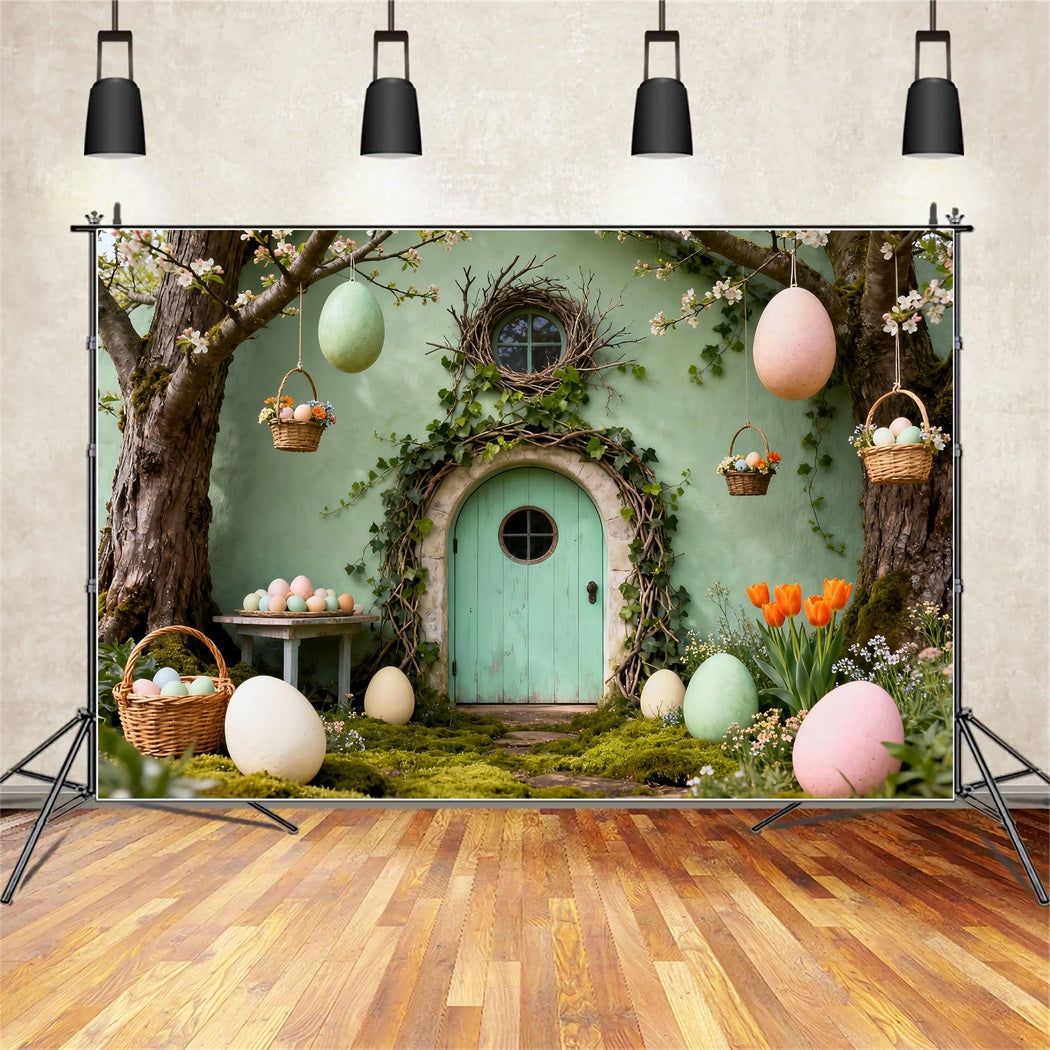 Bunny Burrow Backdrop Green Door Hanging Eggs Basket Easter Backdrops For Pictures LXX61-110