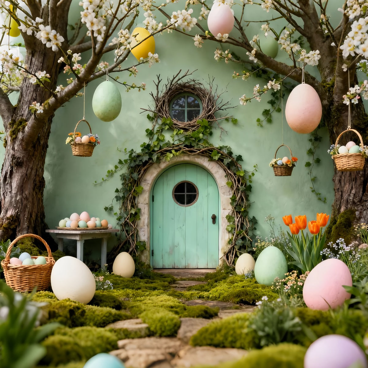 Bunny Burrow Backdrop Green Door Hanging Eggs Basket Easter Backdrops For Pictures LXX61-110