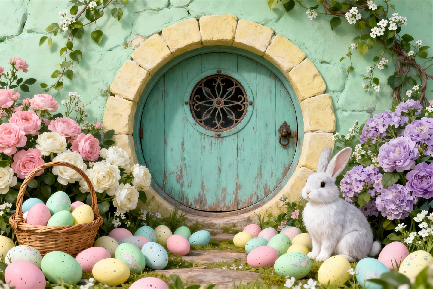 Bunny Burrow Backdrop Round Door Eggs Wildflower Easter Backdrops For Pictures LXX61-111