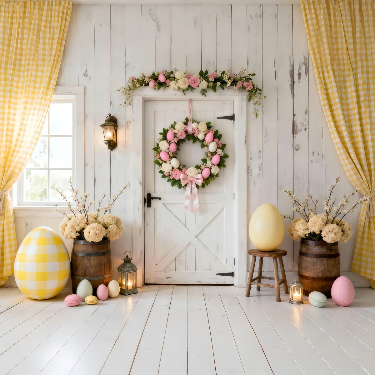 Easter Egg Backdrop White Door Wreath Yellow Curtain Easter Photoshoot Backdrop LXX61-112