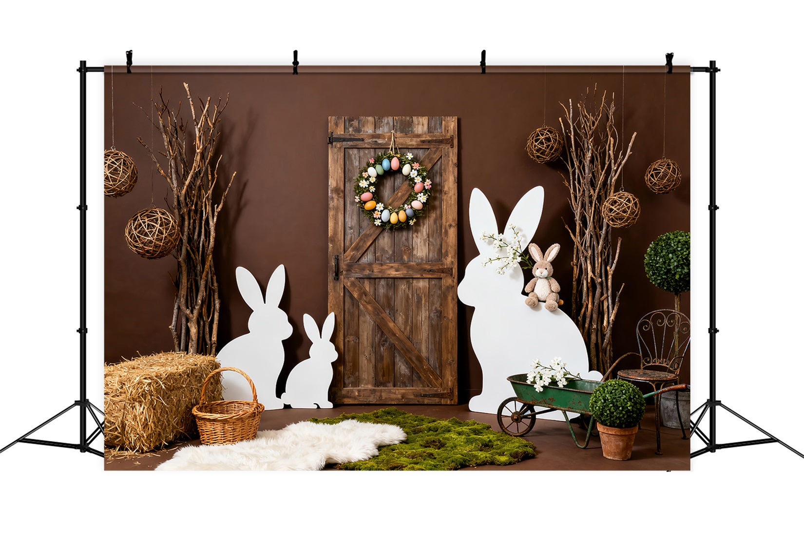 Easter Bunny Silhouette Backdrop Rustic Wooden Door Wreath Backdrop For Easter LXX61-116