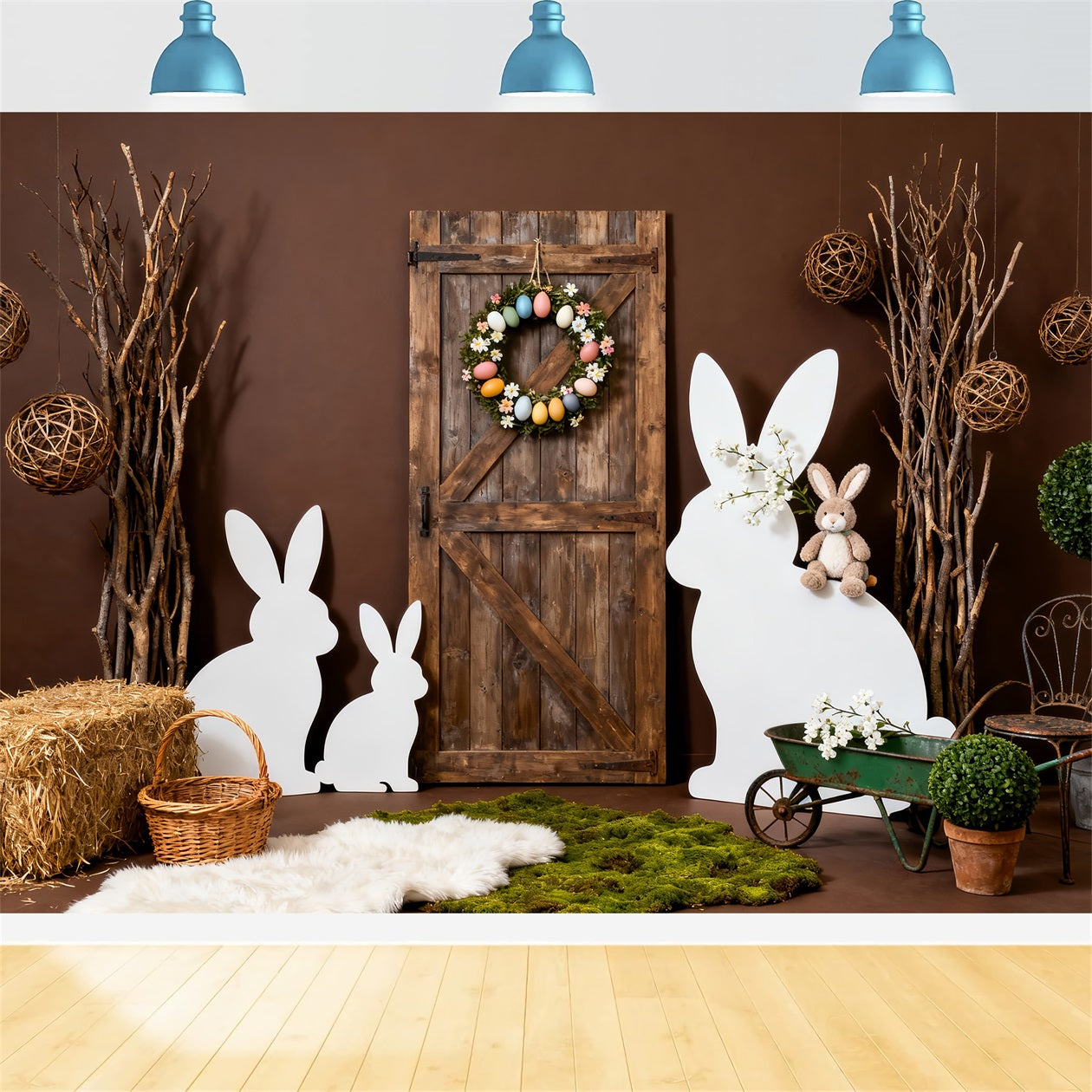Easter Bunny Silhouette Backdrop Rustic Wooden Door Wreath Backdrop For Easter LXX61-116