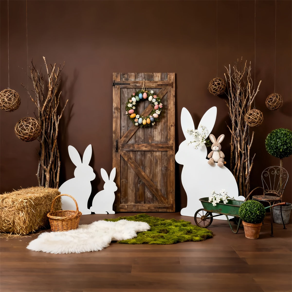 Easter Bunny Silhouette Backdrop Rustic Wooden Door Wreath Backdrop For Easter LXX61-116