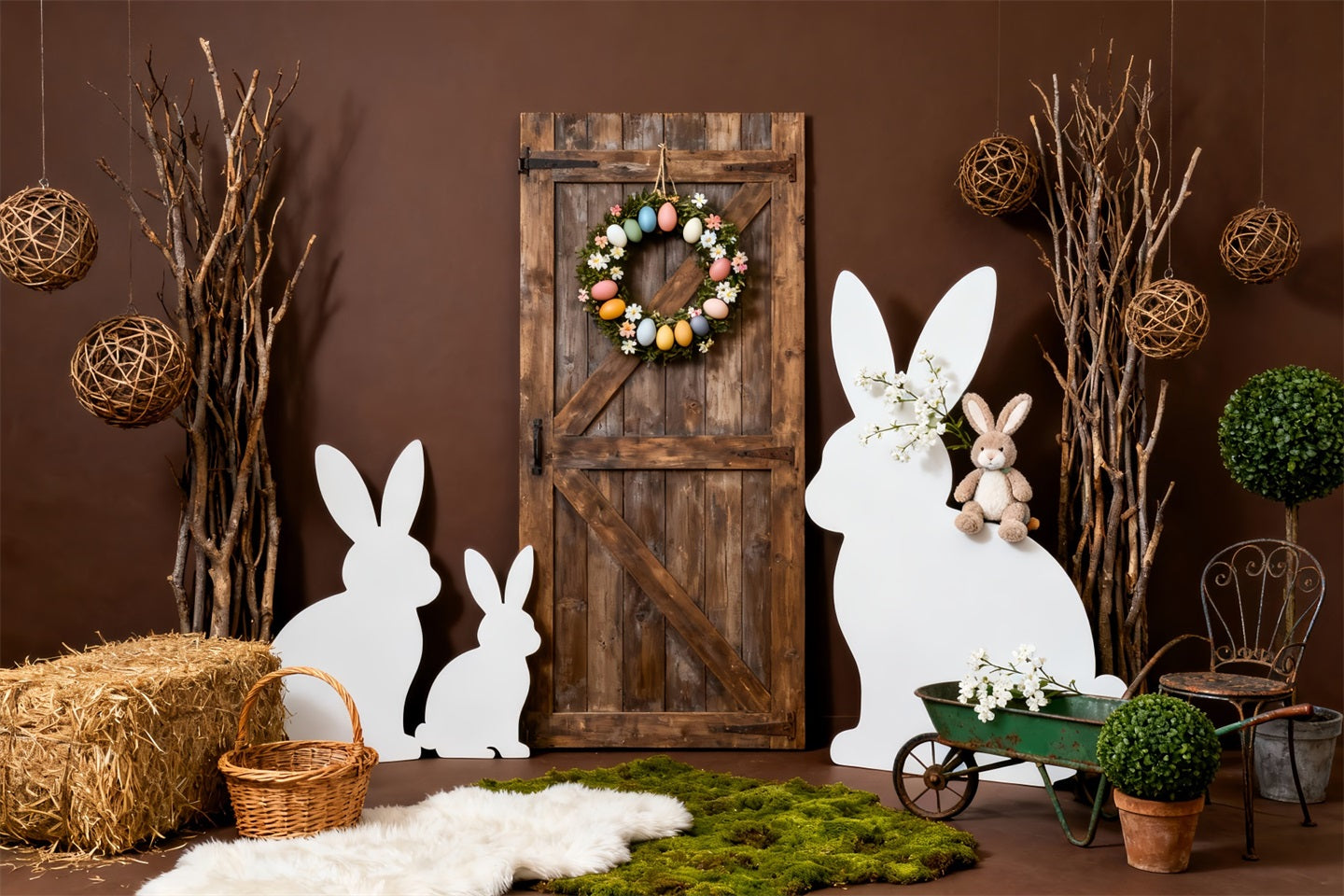 Easter Bunny Silhouette Backdrop Rustic Wooden Door Wreath Backdrop For Easter LXX61-116