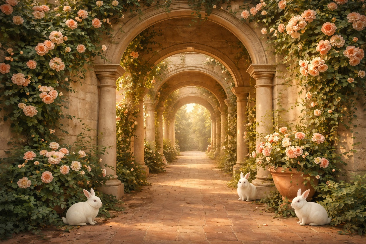 Easter Rabbit Backdrop Rose Arch Bunny Stone Path Backdrops For Easter LXX61-117
