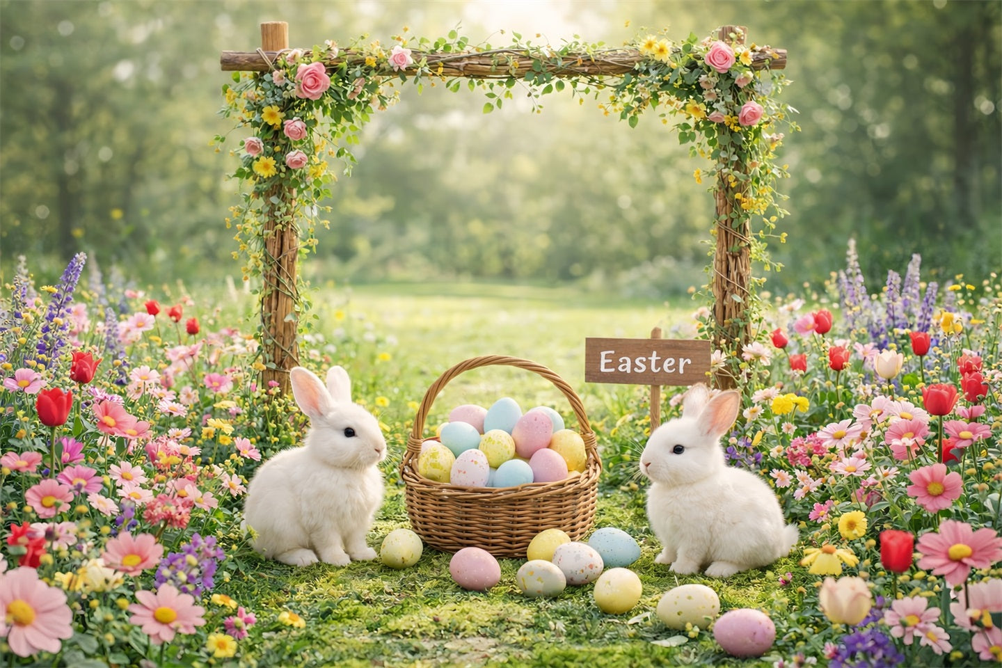 Easter Rabbit Backdrop Garden Floral Arch Bunny Eggs Backdrops For Easter LXX61-118