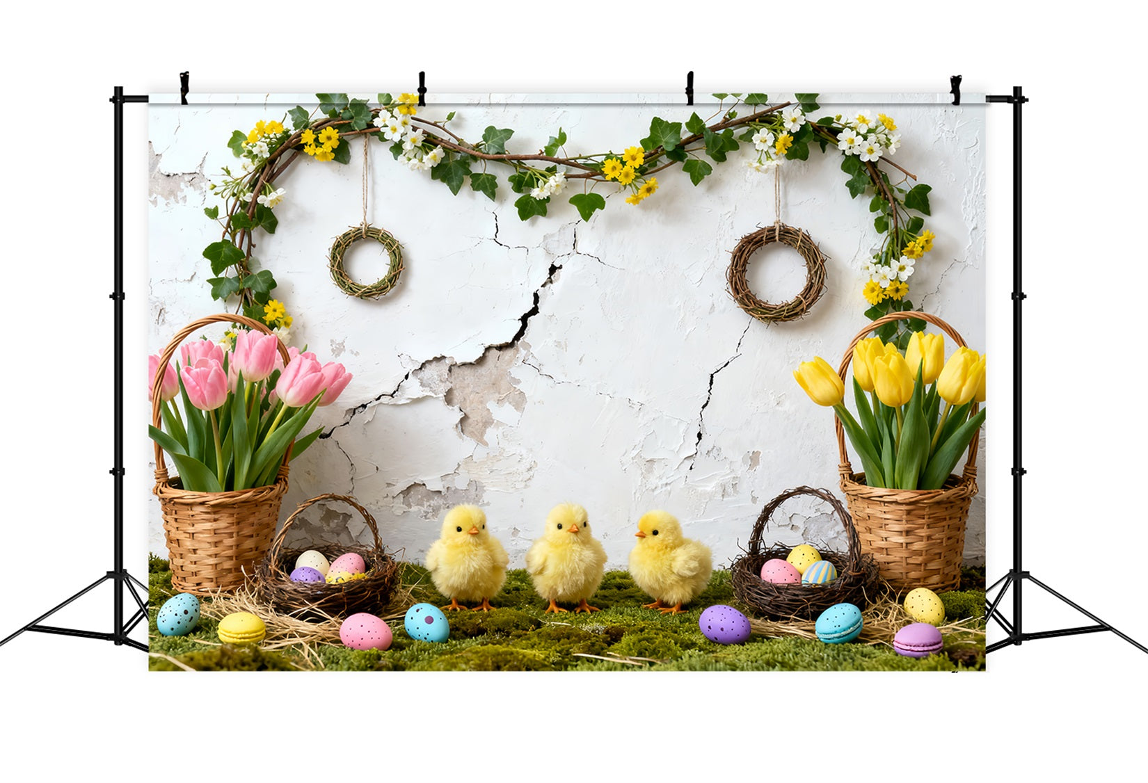 Easter Baby Chick Backdrop Tulip Eggs Baskets Wreath Easter Picture Backdrop LXX61-119