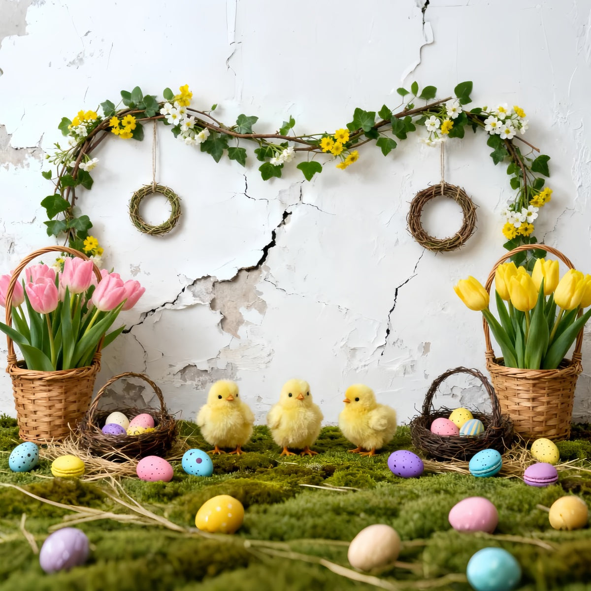 Easter Baby Chick Backdrop Tulip Eggs Baskets Wreath Easter Picture Backdrop LXX61-119