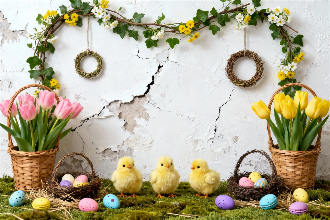 Easter Baby Chick Backdrop Tulip Eggs Baskets Wreath Easter Picture Backdrop LXX61-119