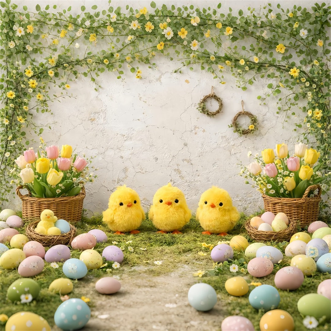 Easter Baby Chick Backdrop Tulips Eggs Floral Arch Easter Picture Backdrop LXX61-120