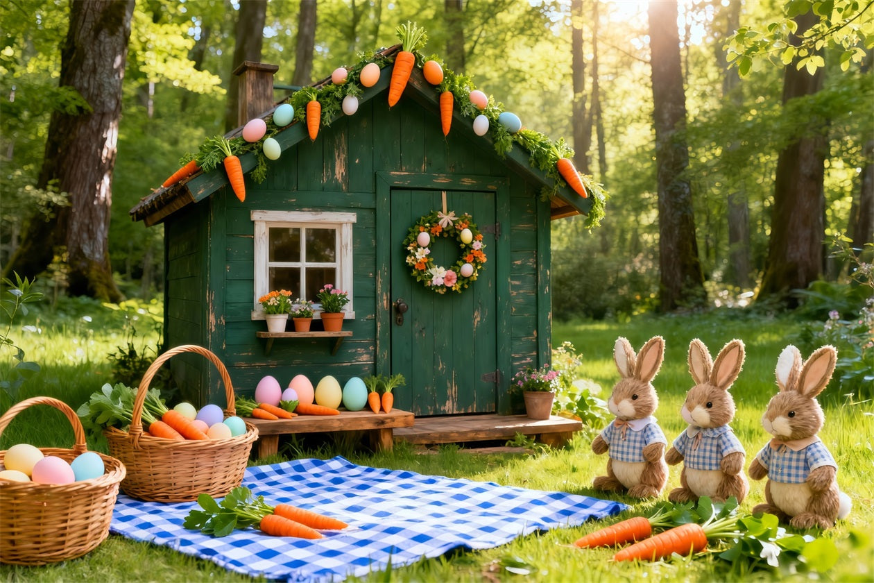 Easter Carrot Backdrop Green Hut Bunnies Carrots Picnic Easter Photography Backdrop LXX61-122