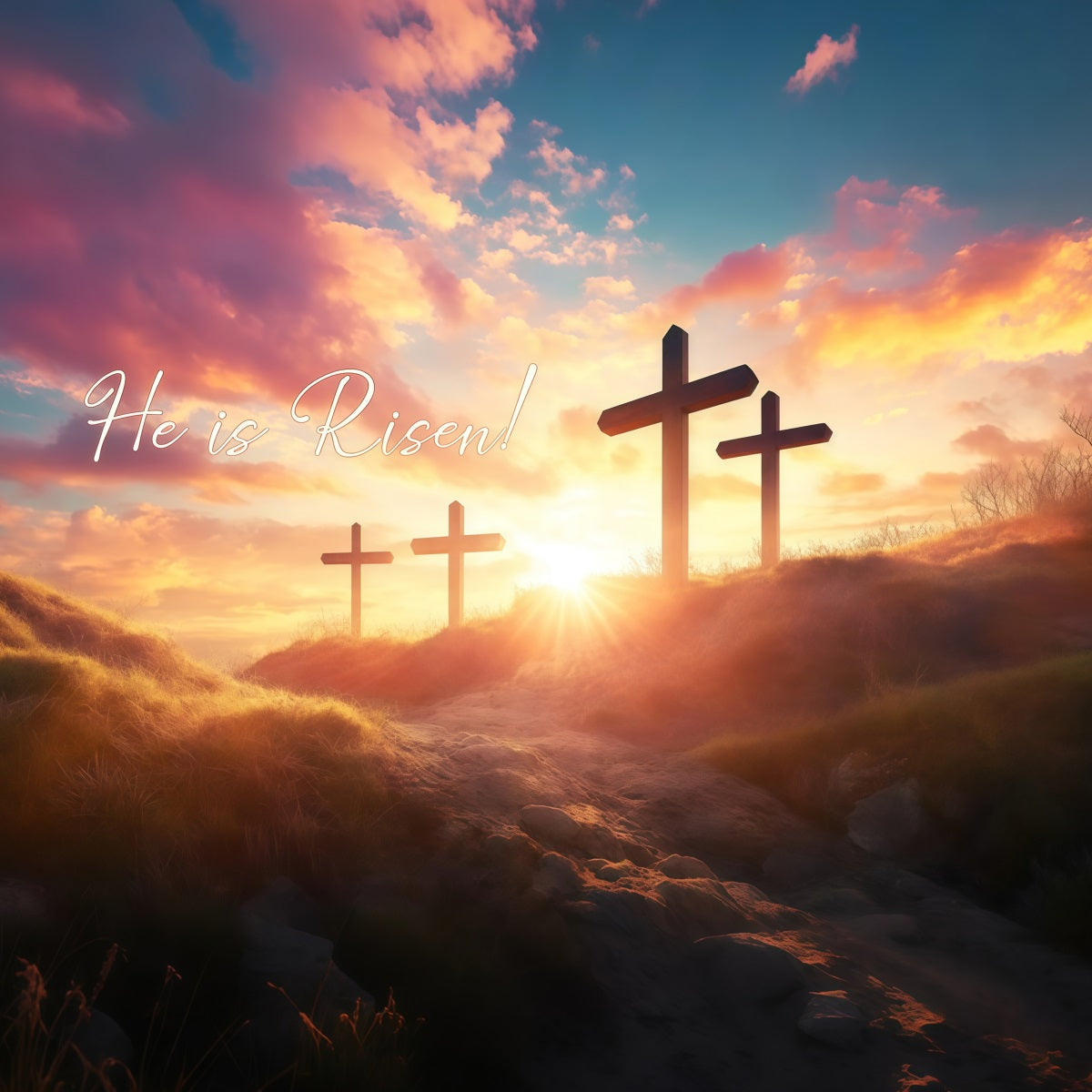 He Is Risen Backdrop Easter Cross Sunset Glow Easter Backdrop Ideas LXX61-127