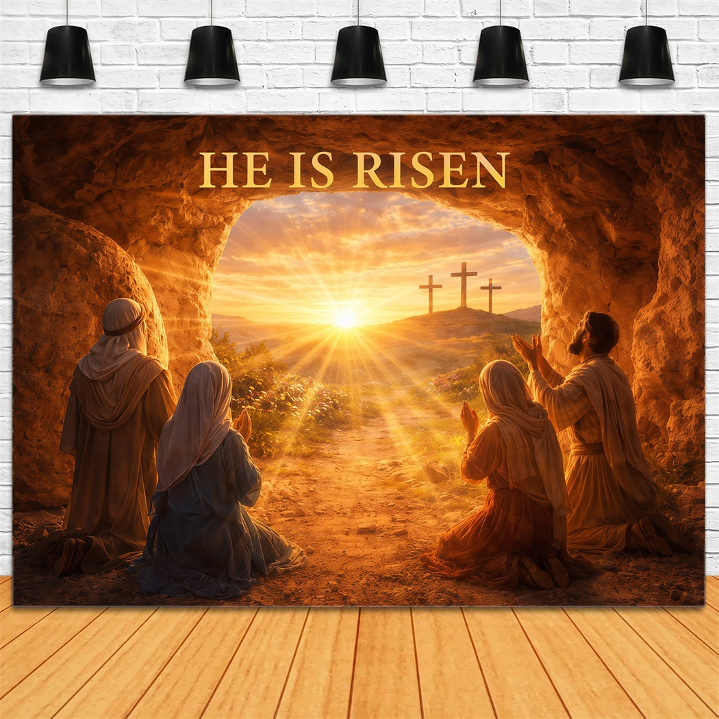 He Is Risen Backdrop Resurrection Light Cross Cave Easter Backdrop Photography LXX61-129